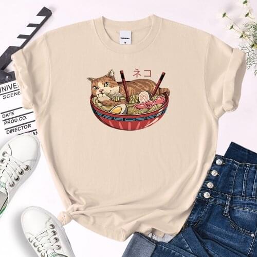 Female T Shirt Cat Steals Eat Ramen In A Bowl Print Tops Womens Oversize Harajukua Soft O-Neck Tees Lady Cozy Loose Slim Clothes