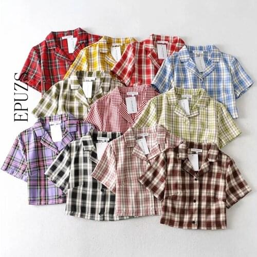 Summer blouse women vintage crop shirt streetwear plaid ladies tops elegant button up shirt korean crop top red 2020