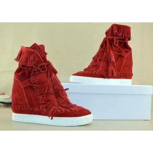 Women Fringe Suede Wedge Boots Round Toe Pink Black Blue Suede Leather Fringe Sneaker Boot Height Increasing tassel high top