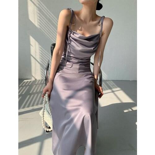 Ordifree 2021 Summer Elegant Women Satin Slip Dress Vintage Spaghetti Strap Backless Long Sexy Party Dress