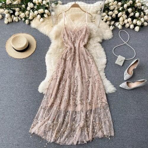 Spaghetti Strap Backless Bohemia Beach Long Dress Women Leeve Sequined Vestidos Elegant Sexy Club Evening Party Long Dresses