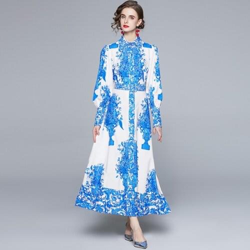 Porcelain Fashion Lantern Sleeve Maxi Dresses Women Long Dress Ankle-Length Regular Turn-down Collar Bohemian Big Shirt Dress