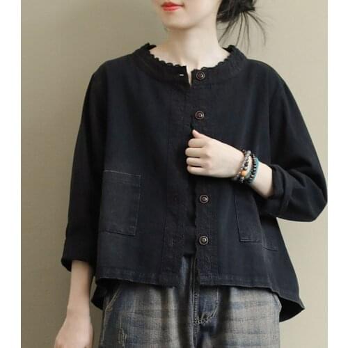 Johnature Retro Embroidery O-neck Pockets Single Breasted Long Sleeve Denim Coats 2021 Autumn New Leisure All-match Women Coat