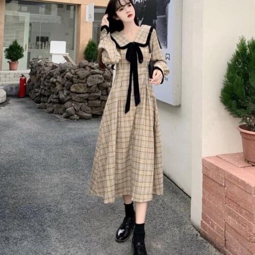 2021 Women Autumn Slim Vintage Plaid Long Sleeve Dress Female Clothes