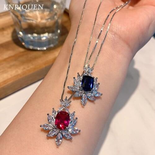 2021 New Vintage 925 Sterling Silver Aquamarine Ruby Stone Crystal Pendant Necklace Party Fine Jewelry New Year Gifts for Women