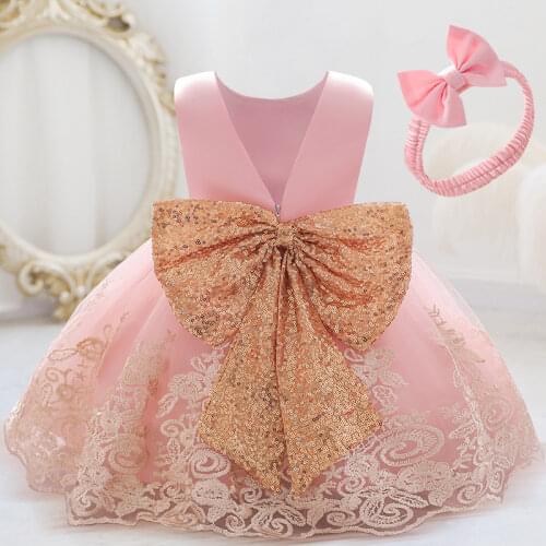 2021 Pageant Ceremony Child Baptism 2 1 Year Birthday Dress For Baby Girl Clothing Princess Dresses Party Dress Gold Bow Toddler