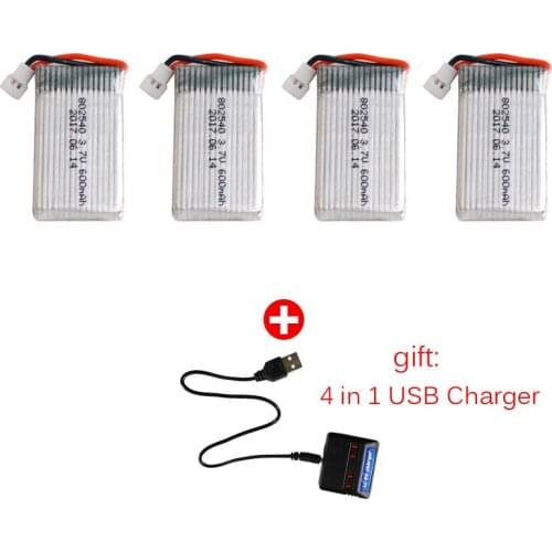 4Pcs 3.7V 600mAh Battery for X5 X5C X5SC X5SW MJX X705C RC Drone Quadcopter Spare Battery Part with 4 in 1 USB Charger