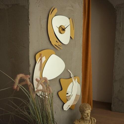 CLOCK AND MIRROR 3'LÜ SET DESIGN STYLISH DECOR DECORATION ART LUXURY GOOD QUALITY