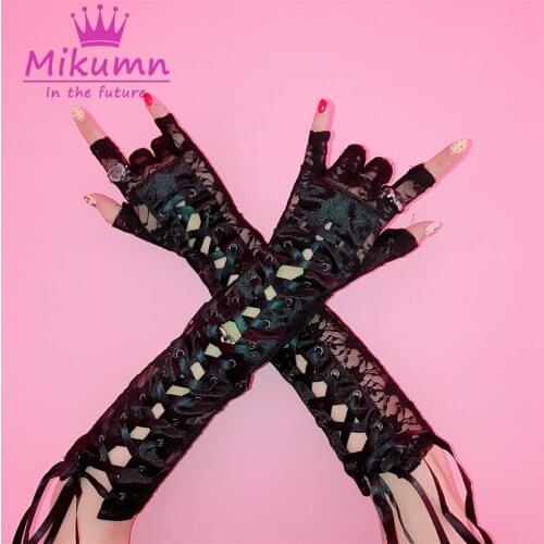 Harajuku Punk Black Sexy Lace Long Gloves Cosplay Women Lace Up Gothic Fingerless Mittens Chic Streetwear