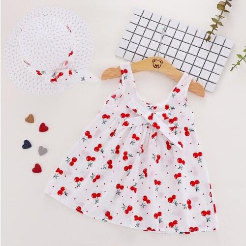 Children Clothing 2021 Summer Dress Girls Print Cherry Princess Dresses + Hat Two-Piece Set Baby Girl Clothes Vestido 0-3 Years