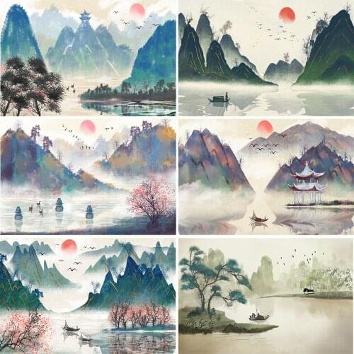 Chinese Ink Painting Landscape Rafting Backdrop Photography Background Art Prop
