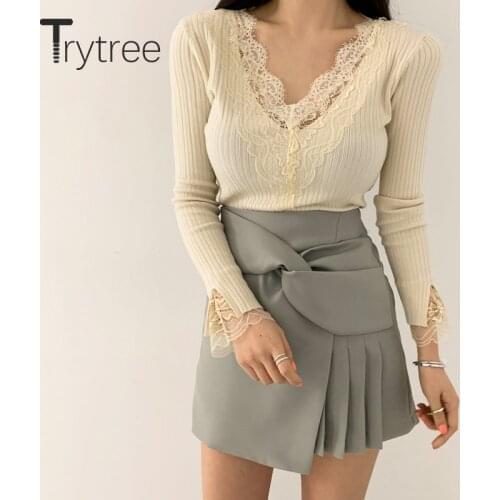 Trytree 2021 Spring Autumn Two piece set Casual Lace V-neck Flare Sleeve Elastic Knitted Top + Mini Shorts Skirt 2 Piece Suit