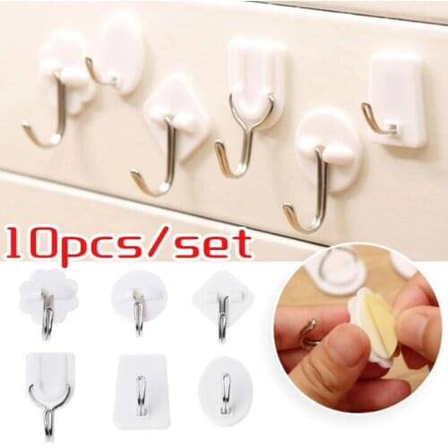 10Pcs/Set Self Adhesive Wall Sticky Hooks Plastic Adhesive Hook Wall Sticky Kitchen Home Bathroom Bath Ball Key Bag Coat Hanger
