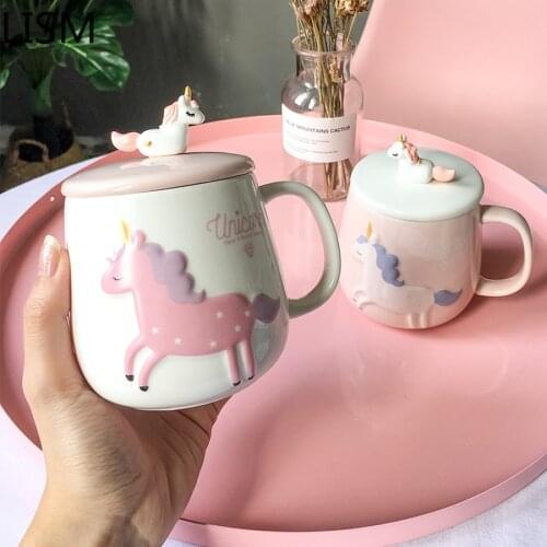 Cute Unicorn Ceramic Coffee Mugs with Lid Spoon Milk Tea Water Bottle Milk Girl Birthday Gift Drinkware Tazas De Cafe Coffee Cup