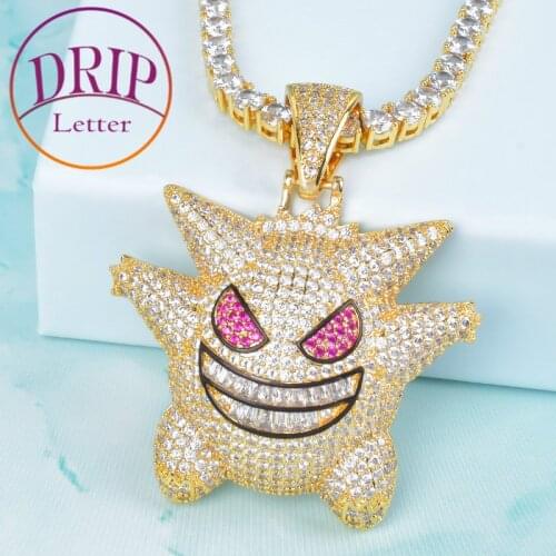 Red Color Eyes Funny Ghost Cartoon Pendant With Baguette Zircon Mens Hip Hop Rock Necklace Charm Jewelry