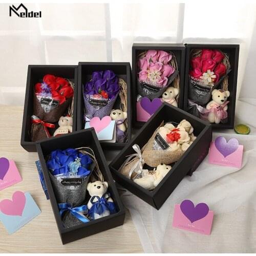 7 Pcs Soap Rose Artificial Flowers Bear in Box Preserved Flowers Wedding Valentines Mothers Day Birthday Gift Soap Rose Flowers
