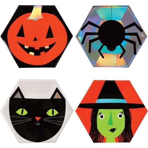 10 Inch Halloween Party Disposable Tableware Sets Black Orange Plate Witch Pumpkin Cat Spider Party Supplies