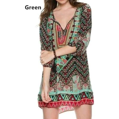 2020 New Folk-custom Plus Size Womens Fashion Sexy Chiffon V-neck Mini Dress Half Sleeve Vintage Style Printing Loose Dress