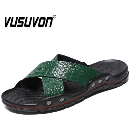 New Fashion Casual Men Shoe Flats Summer Slides Outside Sandals Beach Work Slippers Soft Genuine Leather Flip Flop Size 38-48