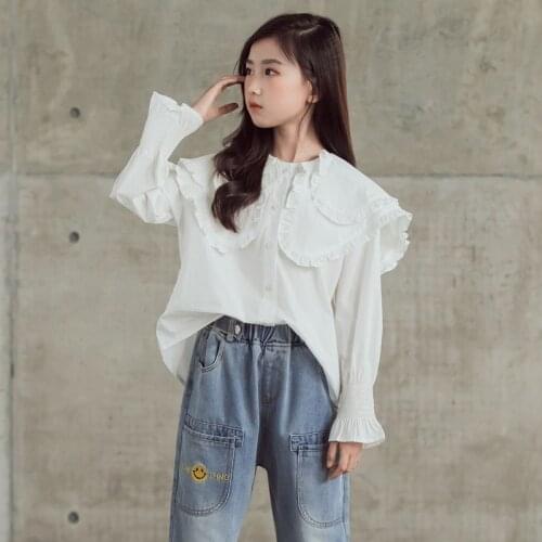 Girls Elegant White Shirts Long Sleeve Double Collar Flare Sleeve Cotton Tops 8 10 11 12 13 14 15 years