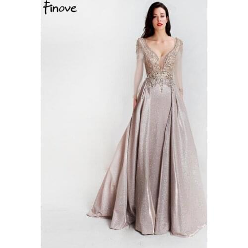 Finove Reflective Dress Sleeve Sexy V Neck Beading Sequin Long Length A Line In Women' Dresses Plus Size