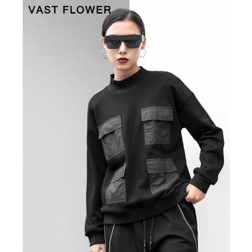 Black Pockets Sweatshirt Women Long Sleeve Turtleneck Pullover Casual Loose Plus Size Sweatshirt Fashion Clothes New Spring 2021