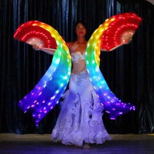 One Piece Rainbow color Belly Dance LED Silk Fan Veil colorful silk LED Fan Veils for Oriental Dance Stage Props