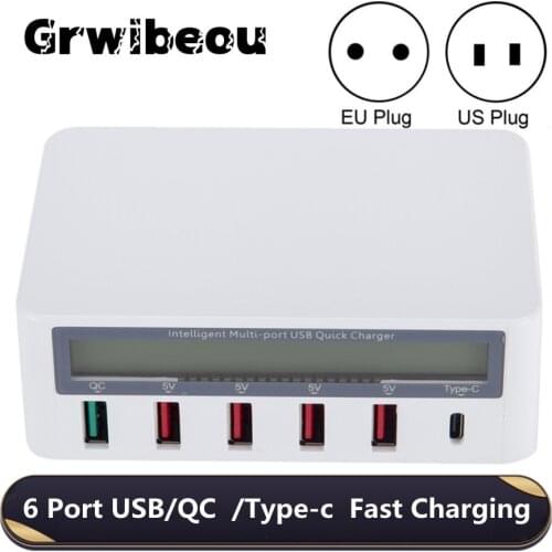 Grwibeou 6 Ports USB Charger QC3.0 Type-c Fast Charging Led Display Phone Charger 5V Multi USB Socket for iPhone Android phone