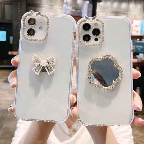 Diamond camera lens Bow Flowers mirror soft silicon phone case for iphone 7 8 Plus X XS XR MAX 11 Pro SE 2 12 MiNi 6S Back Cover