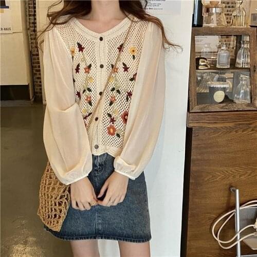 Summer Woman O-Neck Embroidery Preppy Floral Sweet Young England Style Chiffon Blouses Hollow Gauze Flower Long Sleeve Shirt