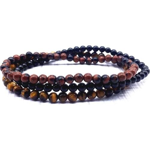 Women Bracelet 18 cm 3PCS/Set 4 mm Nature Stone Round Smooth Bead Girls Gifts Black Stone Yellow Tiger Eyes Mahogany
