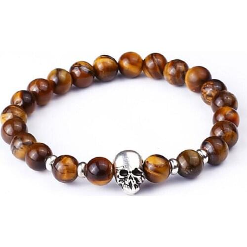 Silver Color Skull Bracelets Natural Tiger Eye Black Agates Lava Stone Beads Bracelets for Women Men
