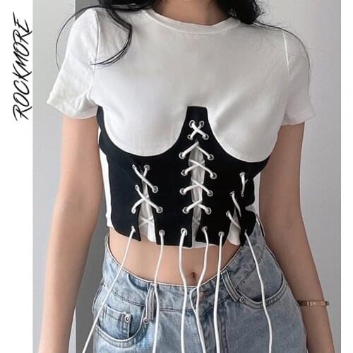 Rockmore Patchwork Crop Top Women Casual Short Sleeve T Shirt Harajuku Female Tie Up Corset T-Shirt Streetwear Basic Tee Korean