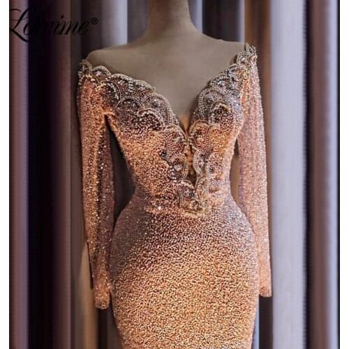 Muslim Evening Dress Islamic Dubai Saudi Arabic Mermaid Party Gowns 2020 Pink Beading Robe De Soiree Formal Full Prom Dress