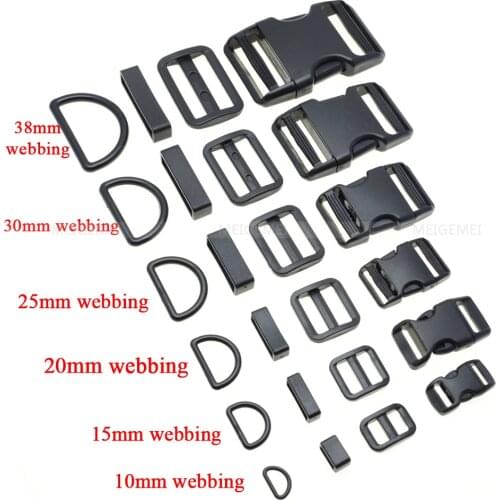 1 set 10mm 15mm 20mm 25mm 30mm 38mm Plastic Slider Adjustable D Rings Belt Loop Curved Side Release Buckles For Paracord