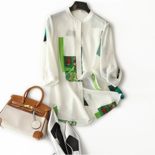 19mm 100% silk blouse 2021 summer new style skirt capable French temperament stand-up collar elegant streamer contrast print top