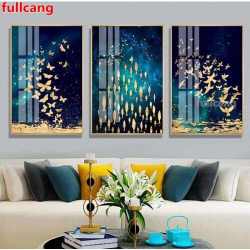 Golden Butterfly Fish Bird Dance Diy Diamond Painting 5D Triptych Full Drill Square/Round Diamond Embroidery Sale JX1255