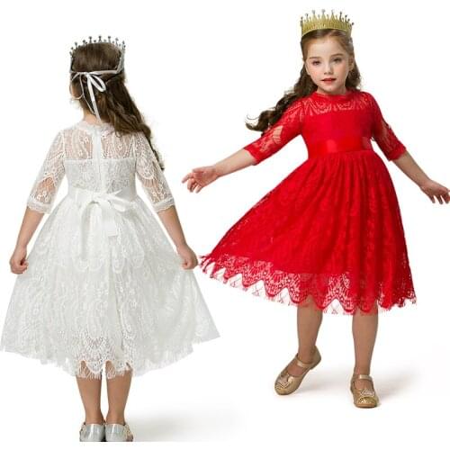 White Red Dress Girls Lace Dress Flower Design Princess Dress Sleeveless Party Ball Gown Mesh Dress for Girls 3-8Years