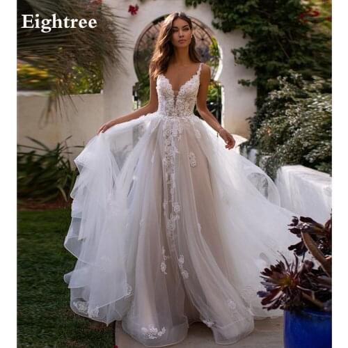 Eightree New Spaghetti 3D Flower Wedding Dresses Sleeveless Boho Ball Bridal Gowns Lace Appliques Princess Country Bride Dress