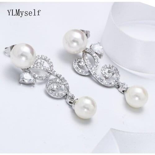 Beautiful Wedding Earring White Pearl and Clear Zirconia Jewellery Lovely Design Bridal Drop Earrings Trendy Jewelry