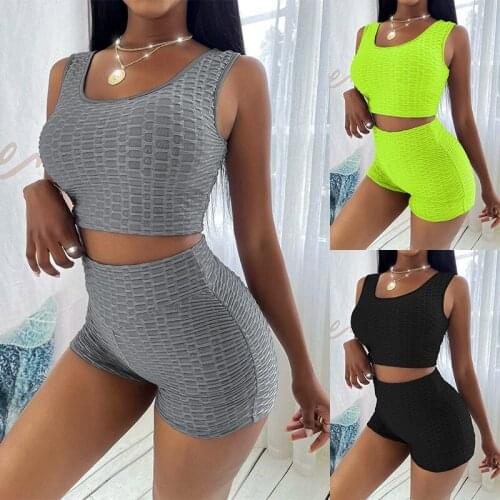Summer Womens Vest Yoga Clothes Suit Pineapple Grid Solid Color Shorts Sports Vest Gym Workout Clothes Shaping Hip Yoga Clothes