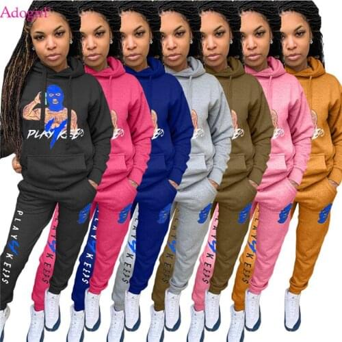 Adogirl Fashion Letter Print Women Casual Two Piece Set Tracksuit Long Sleeve Pockets Pullover Hoodies Sweatpants Sportswear