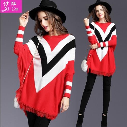New 2016 Spring Fashion Women sweater high quality geometric sweater women loose bat-like shirt sexy Bottoming Knitted printing