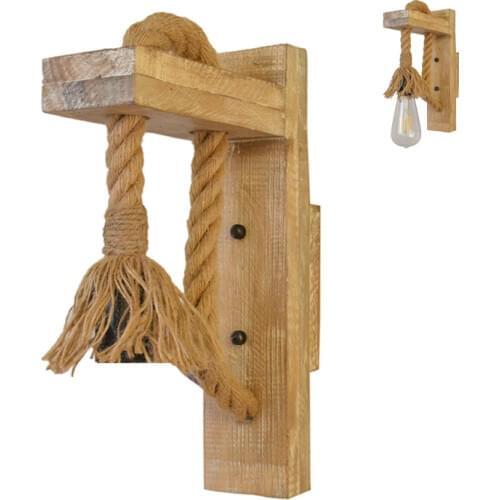 2021 New E27 American Style Pastoral Hemp Rope Vintage Wooden Wall Lamp(Without Bulb)