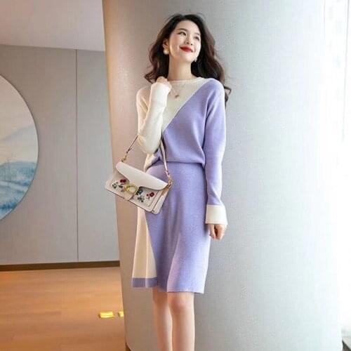 New Elegant Knitted 2 Piece Sets Womens Long Sleeve Sweater Outfits Patchwork Pullovers Top + Midi Split Skirt Office Lady Suit