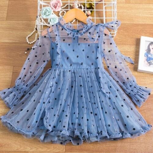 2 3 4 5 6 Year Girls Princess Dress Kids Baby Full Sleeve Polka Dot Lace Children Tutu Elegant Party Wedding Birthday Vestidos