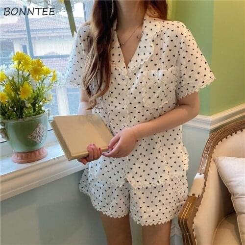 Pajama Sets Women Elegant Lovely Ins Stylish White Short Sleeve Printed Summer Sleepwear Pj Set for Female Clothing Sweet Classy