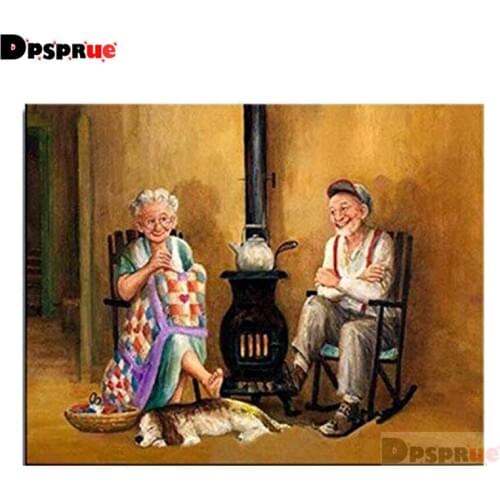 Dpsprue Full Square/Round Diamond Painting Cross Stitch Diamond 3D Embroidery Old Couple Stove DIY 5D Moasic Home Decor Gift P23