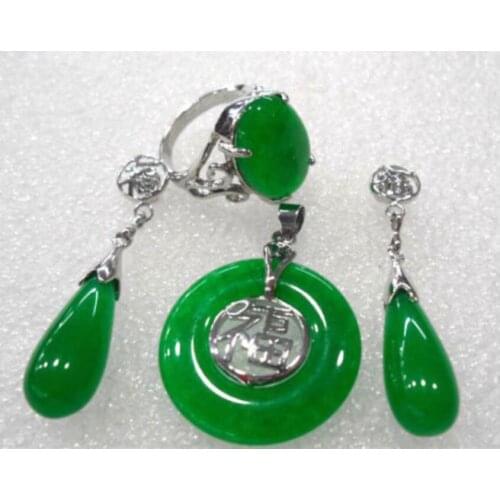 Beautiful Green Purple Stone Blessing Pendant Earrings Ring Set