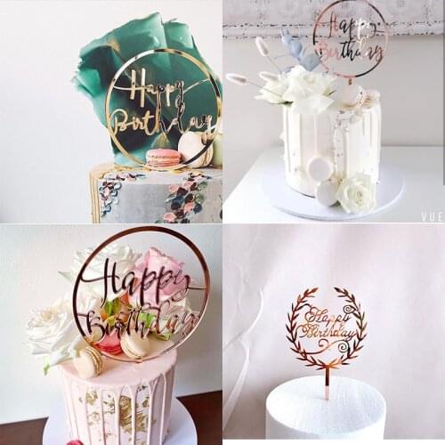 Rose Gold Happy Birthday Acrylic Cake Topper Kids Birthday Cupcake Topper Flags for Kids Birthday Party Cake Decoration Supplies
